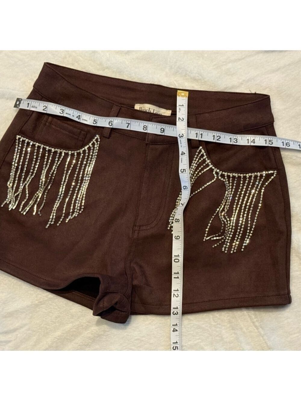 Peach Love Brown Rhinestone Fringe Shorts Small - Picture 9 of 11